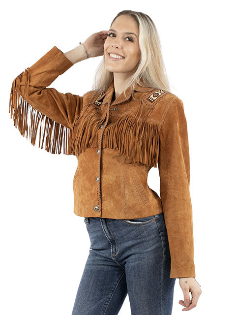 Scully Ladies' Leather Suede Fringe Jacket with Beads and Hand Lacing Expresso Front