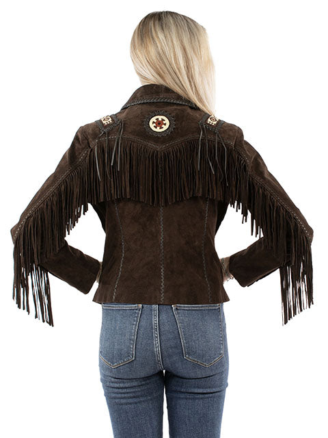 Scully Ladies' Leather Suede Fringe Jacket with Beads and Hand Lacing Expresso Back