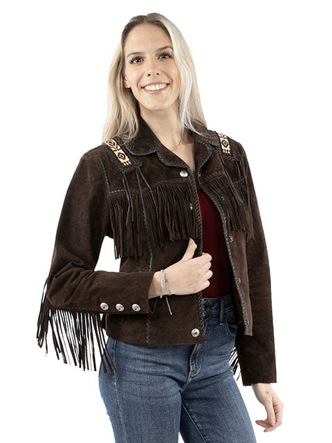 Scully Ladies' Leather Suede Fringe Jacket with Beads and Hand Lacing Expresso Front
