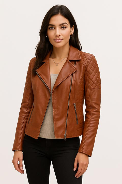 Scully Ladies' Leather Motorcycle Jacket Front Brown