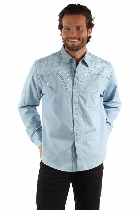 Scully Men's Gunfighter Embroidered Shirt Light Blue Front