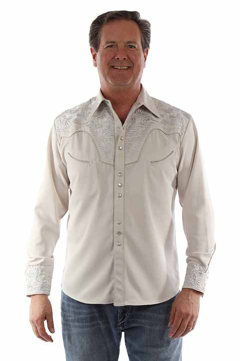 Scully Men's Gunfighter Embroidered Shirt Light Grey Front