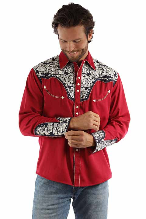 Scully Men's Vintage Inspired Embroidered Shirt  Red Front