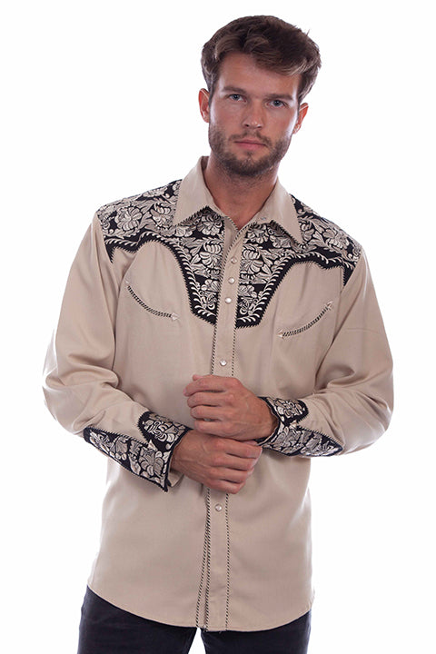 Scully Men's Gunfighter Embroidered Shirt Tan and Black Front