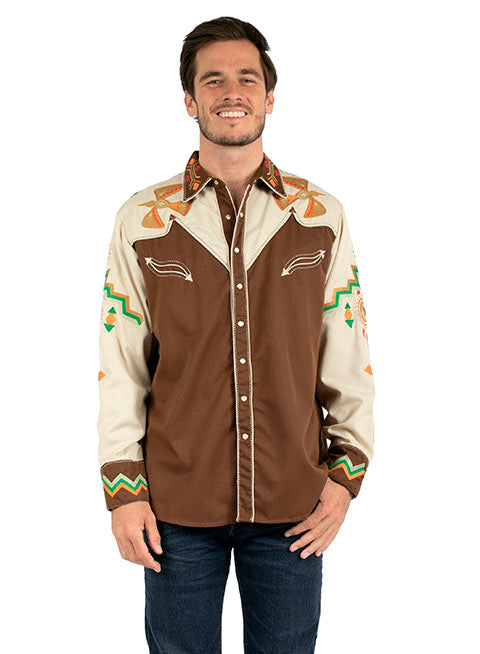 Vintage Inspired Western Shirt Scully Mens Thunderbird Phoenix Brown  Body Front