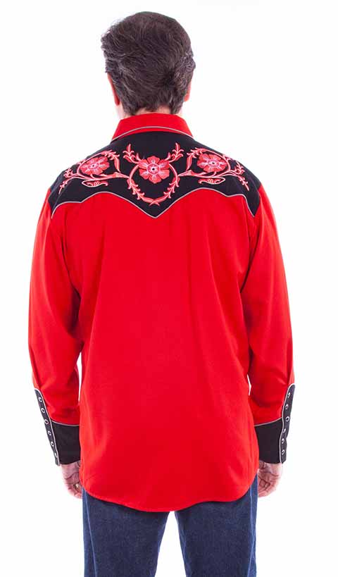 Scully Men's Embroidered Shirt Red Flowers Front