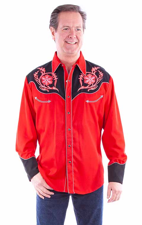 Scully Men's Embroidered Shirt Red Flowers Front