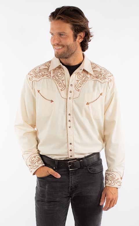 Vintage Inspired Western Shirt Mens Scully Scroll Cream