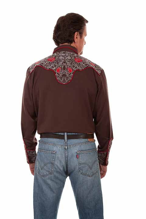 Men's Scully Vintage Inspired Western Shirt Red Roses and Pick Stitch Front