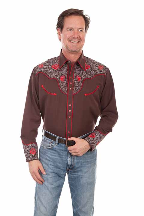 Men's Scully Vintage Inspired Western Shirt Red Roses and Pick Stitch Front