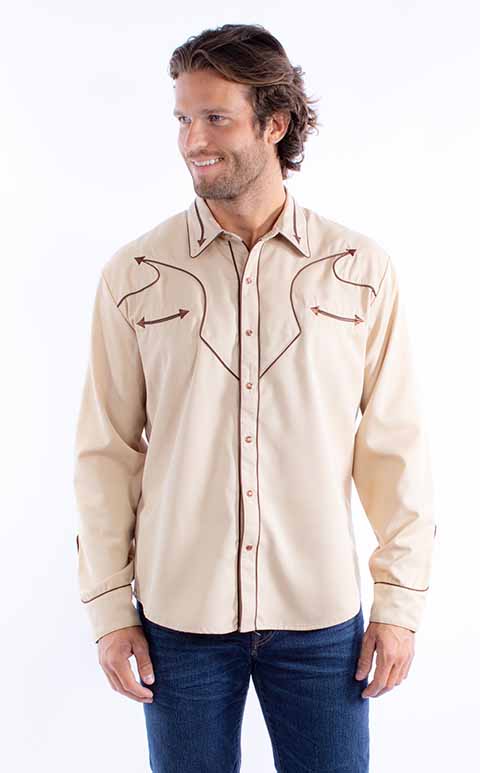 Scully Men's Vintage Inspired Embroidered Arrow Trim Tan Front