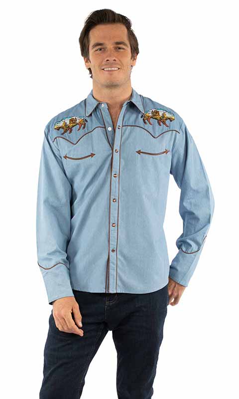 Men's buffalo desert scenery embroidered shirt.