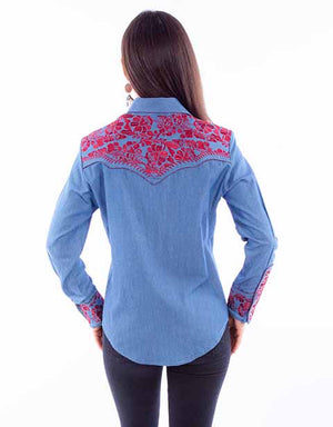 Ladies' Scully Western Gunfighter Shirt Blue with Cranberry Back