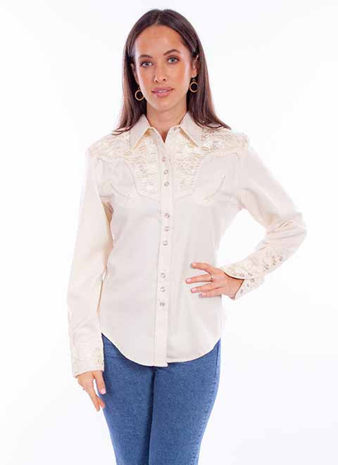 Scully Ladies' Floral Embroidered Shirt Ivory