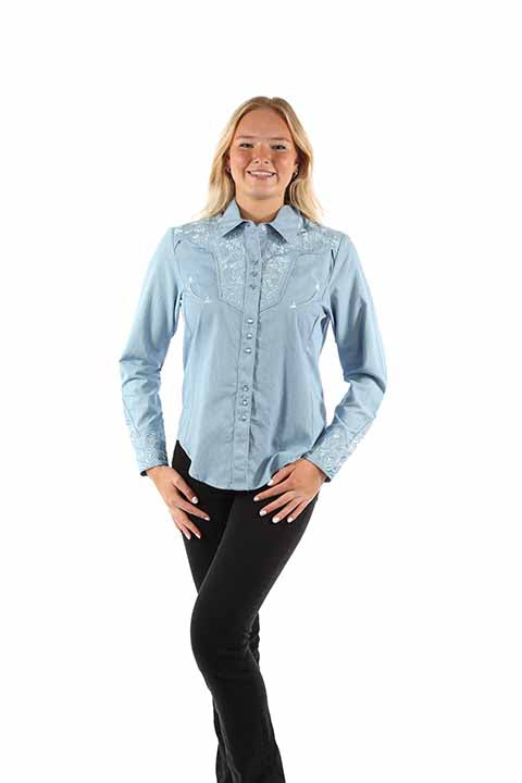 Scully Ladies' Western Embroidered Shirt Light Blue