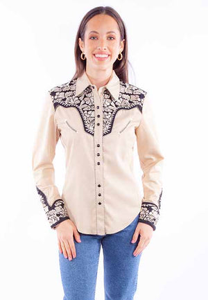 Ladies' Scully Western Gunfighter Embroidered Shirt Tan and Black Front