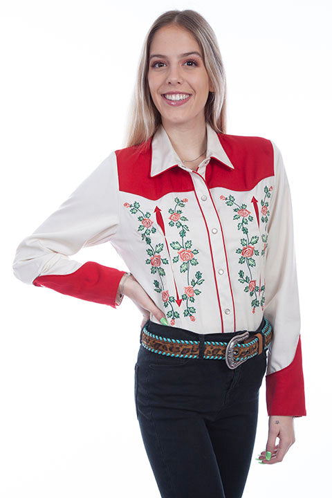 Ladies' Scully Western Shirt with Rose Vine Embroidery Front