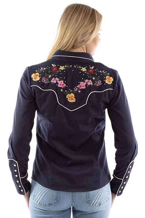 Scully Ladies' Floral Embroidered Top Navy Front