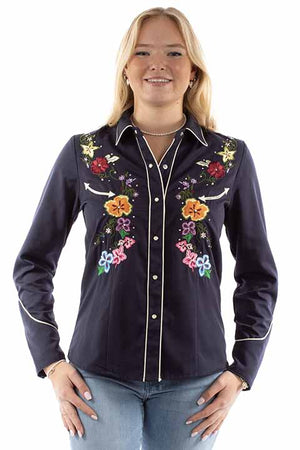 Scully Ladies' Floral Embroidered Top Navy Front