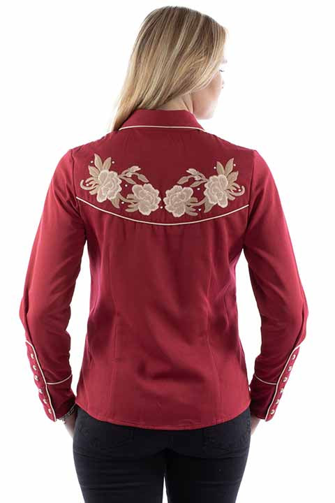 Scully Ladies' Embroidered Blouse Cranberry Front