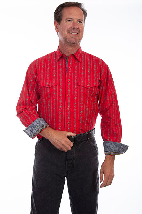 Scully Men's Shirt Red Stripe with Skulls Front