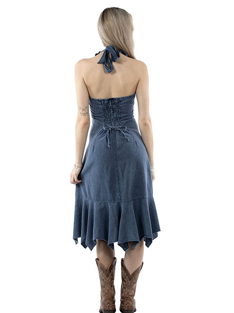 Scully Womens Cantina Collection Halter Dress, Ruffles, Dark Blue. Front View
