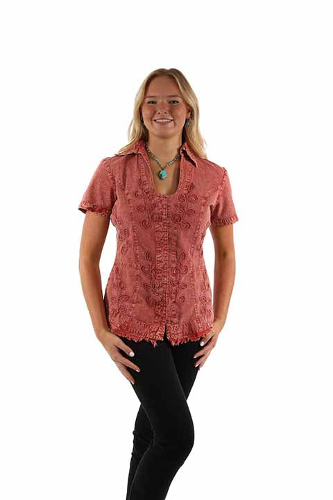 Scully Cantina Collection Women's Short Sleeve Button Front Brick