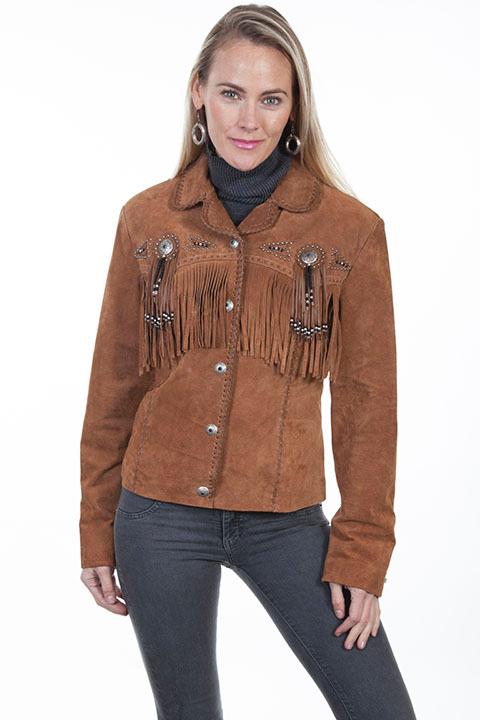 Scully Women's Suede Jacket with Fringe, Conchos, Beads Cinnamon Front