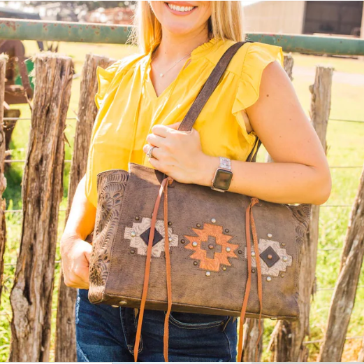 American West Navajo Soul Tote Concealed Carry Distressed Charcoal Brown Front