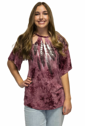 Liberty Wear Top Peekaboo Feather Tri-Cut Neck Burgundy Front View