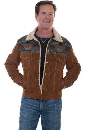Men's Scully Suede Jean Jacket with Decorative Knit Inset Brown Front