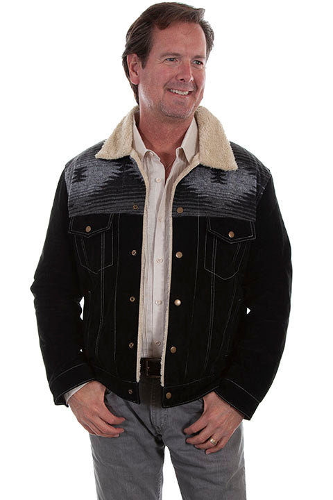 Men's Scully Suede Jean Jacket with Decorative Knit Inset Brown Front