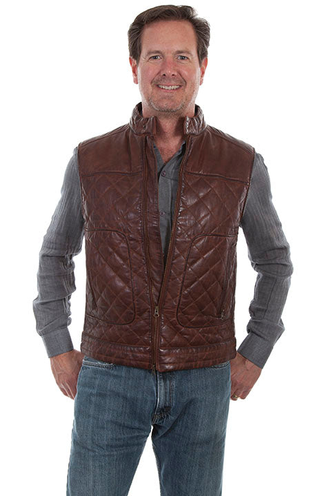 Scully Men's Leather Vest Quilted with American Eagle on Back Brown Front