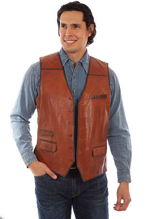 Scully Men's Cognac Leather Vest with Denim Back Front