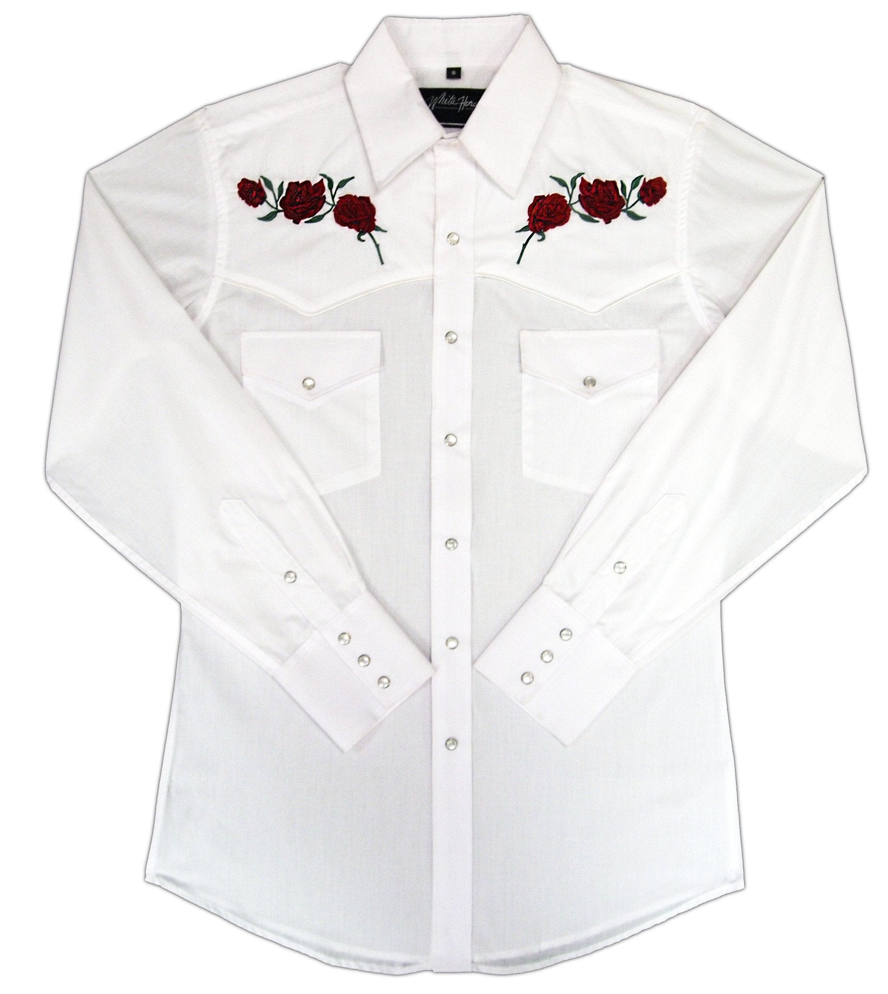 White Horse Apparel Men's Western Shirt Embroidered Roses on White