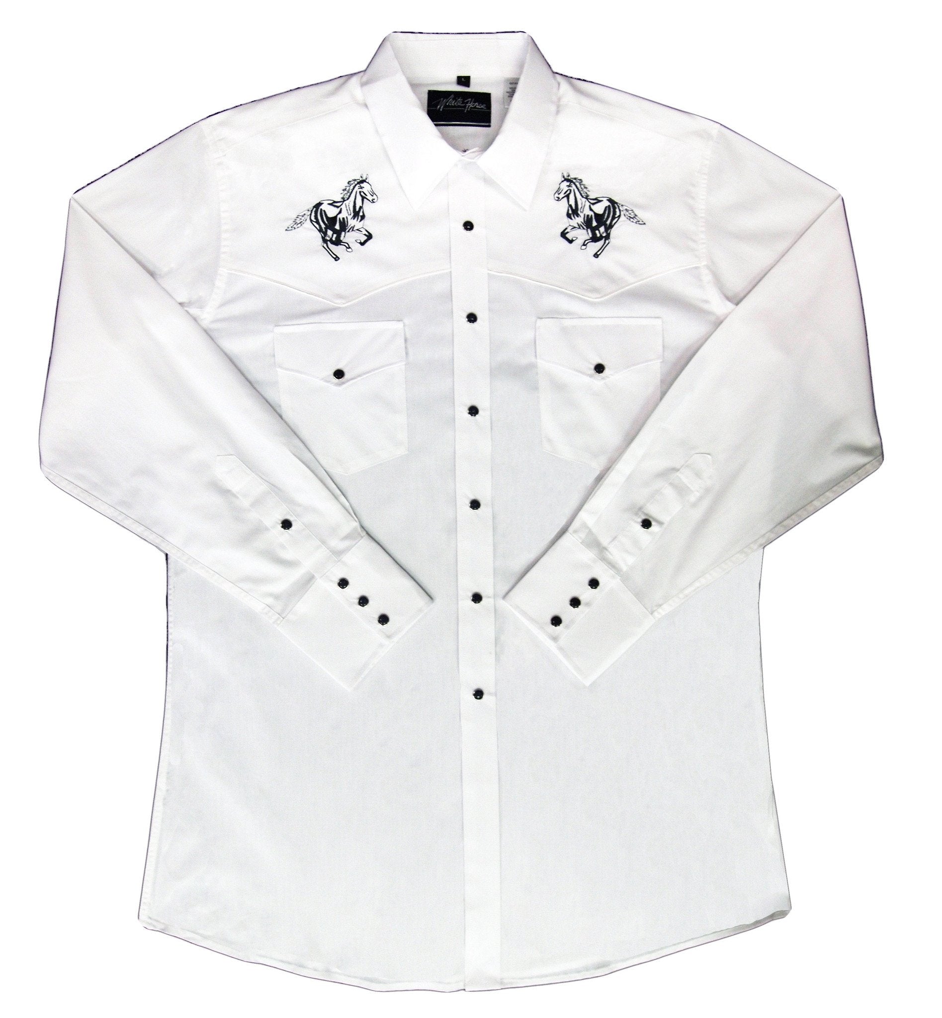 White Horse Apparel Men's Western Embroidered Shirt Running Horse on White