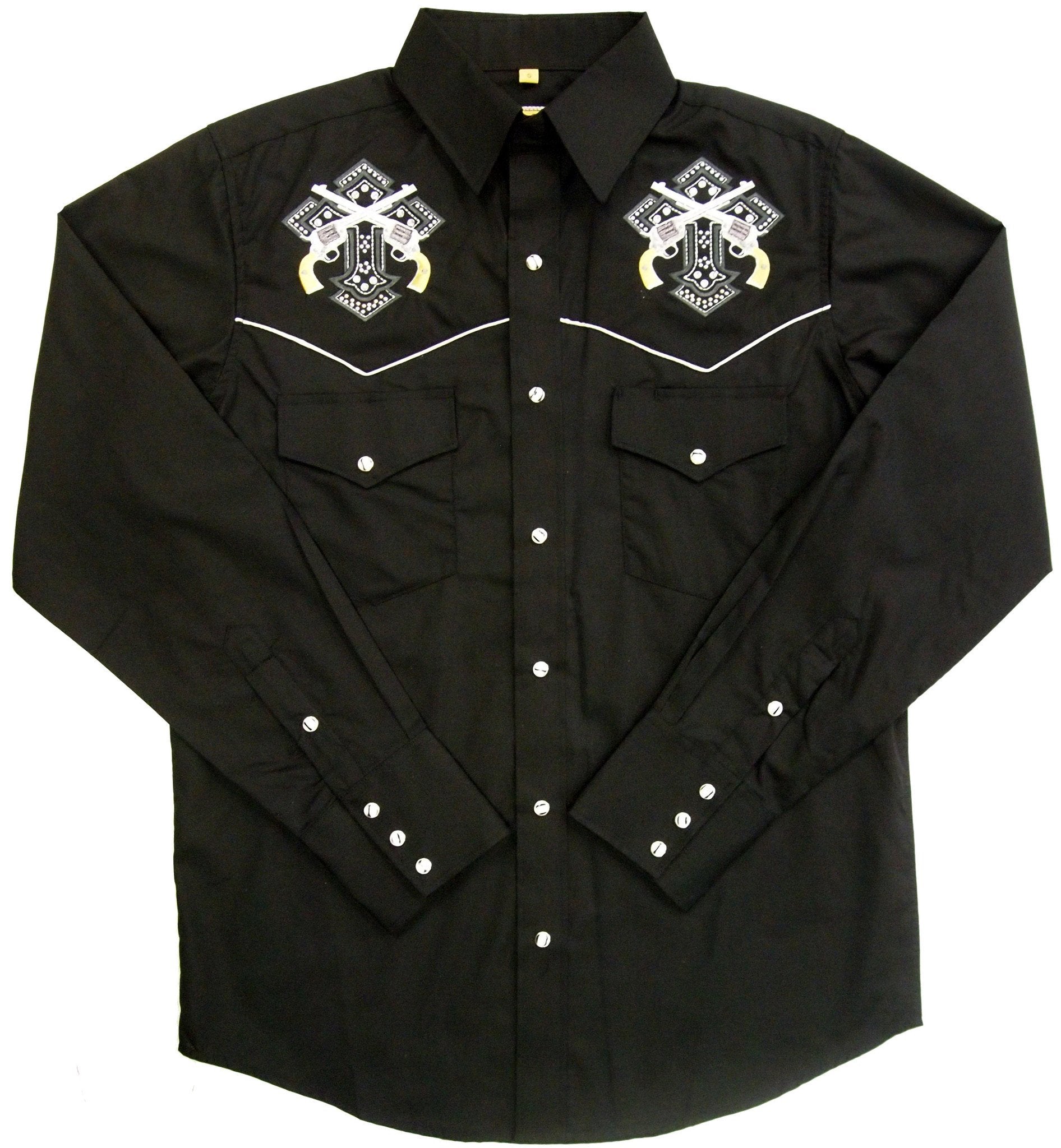 White Horse Apparel Men's Embroidered Western Shirt with Crosses and Pistols Front