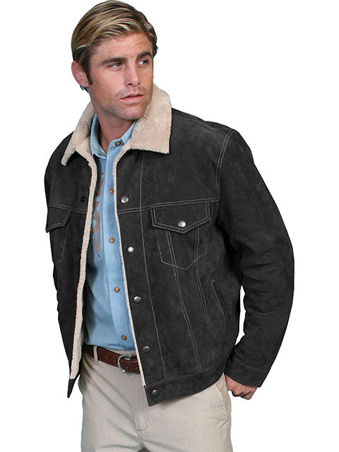 Scully Men's Leather Jacket Denim Style with Shearling Cafe Black Front