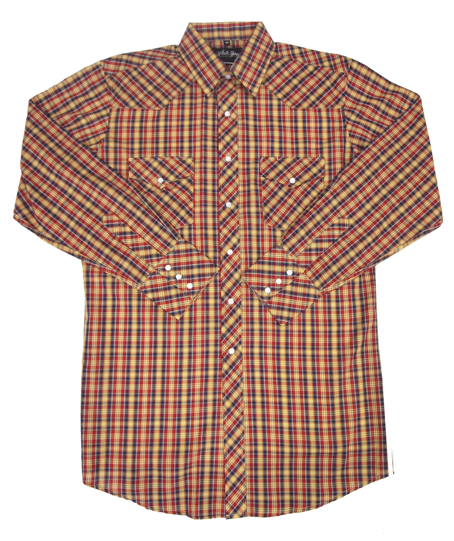 White Horse Apparel Men's Western Shirt Plaid Blue, Gold, Red 