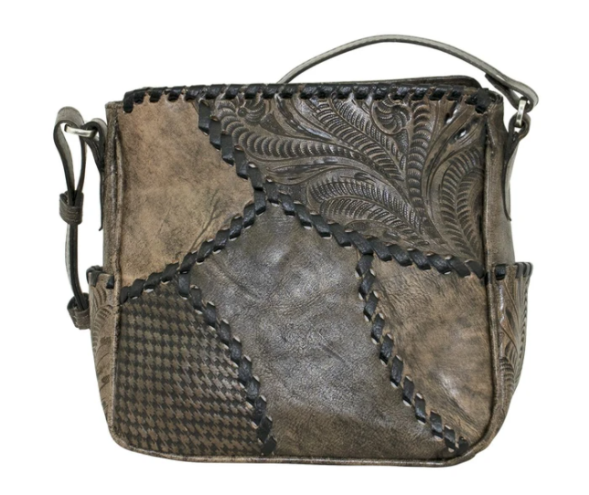 American West Gypsy Patch All Access Crossbody Front Distressed Charcoal Brown