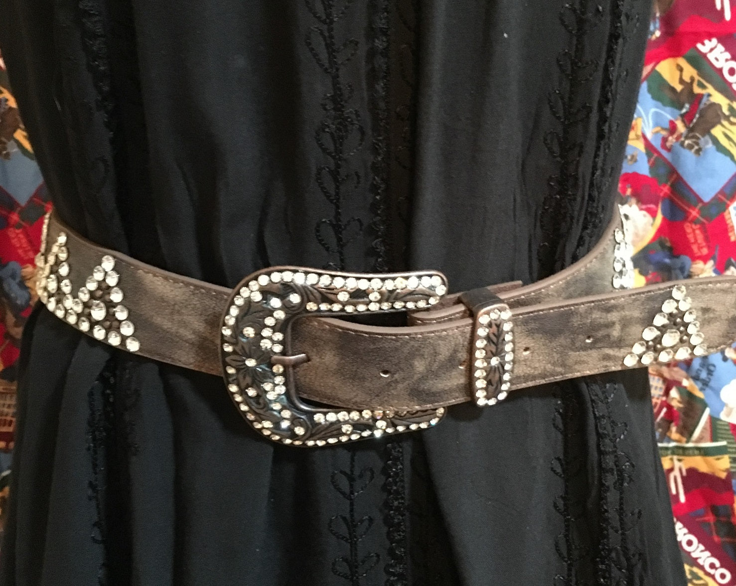 Western Fashion Brown Leather Belt with Copper Buckle and Rhinestones