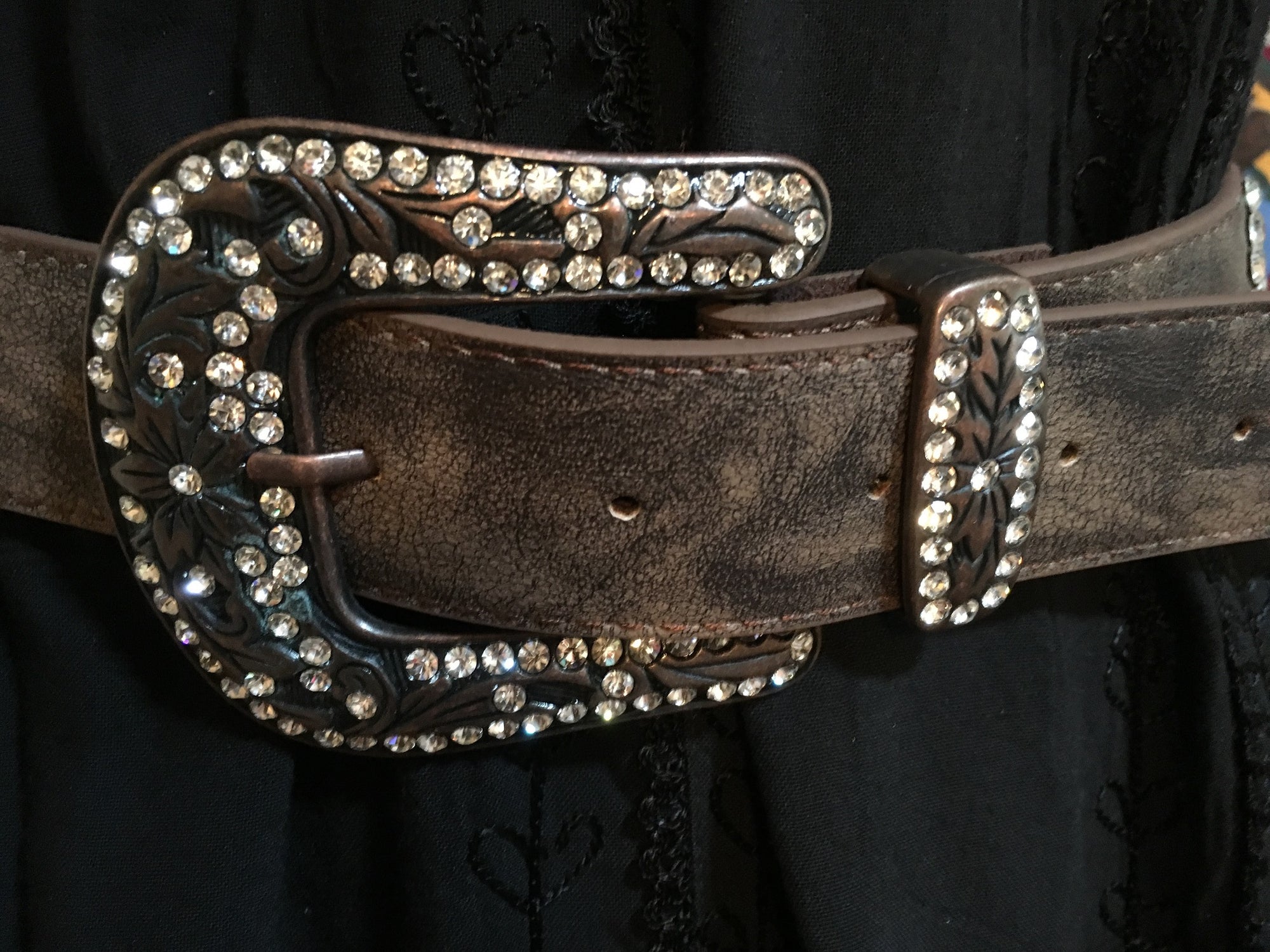 Western Fashion Brown Leather Belt with Copper Buckle and Rhinestones