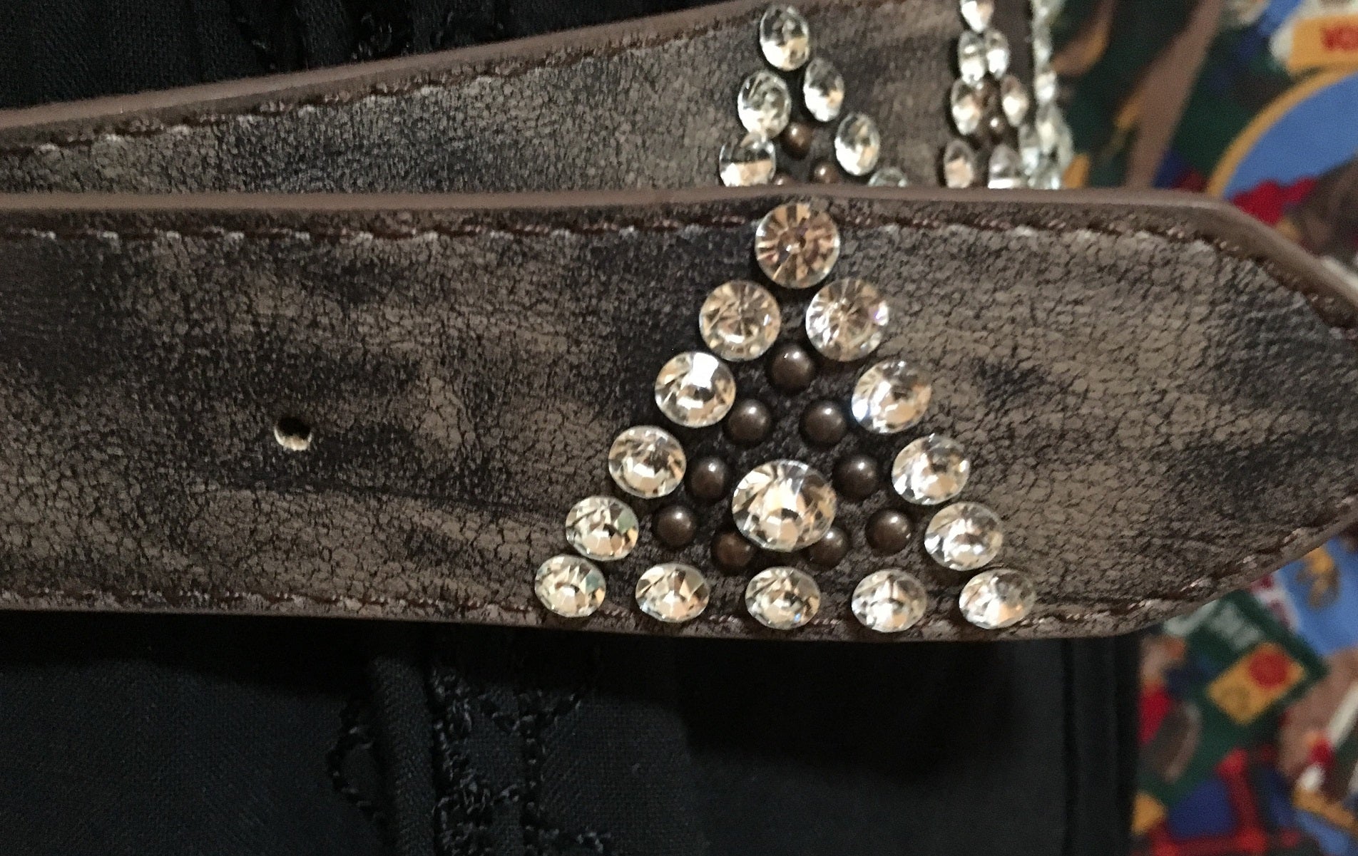 Western Fashion Brown Leather Belt with Copper Buckle and Rhinestones