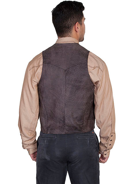 Mens Scully Leather Vest Whip Stitch Lapels Brown Buff Back View