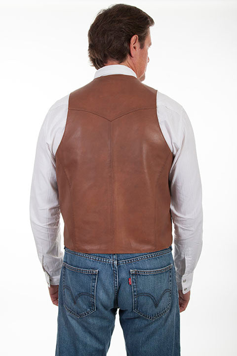 Men's Scully Leather Vest Whip Stitch Lapels Ranch Tan Back View