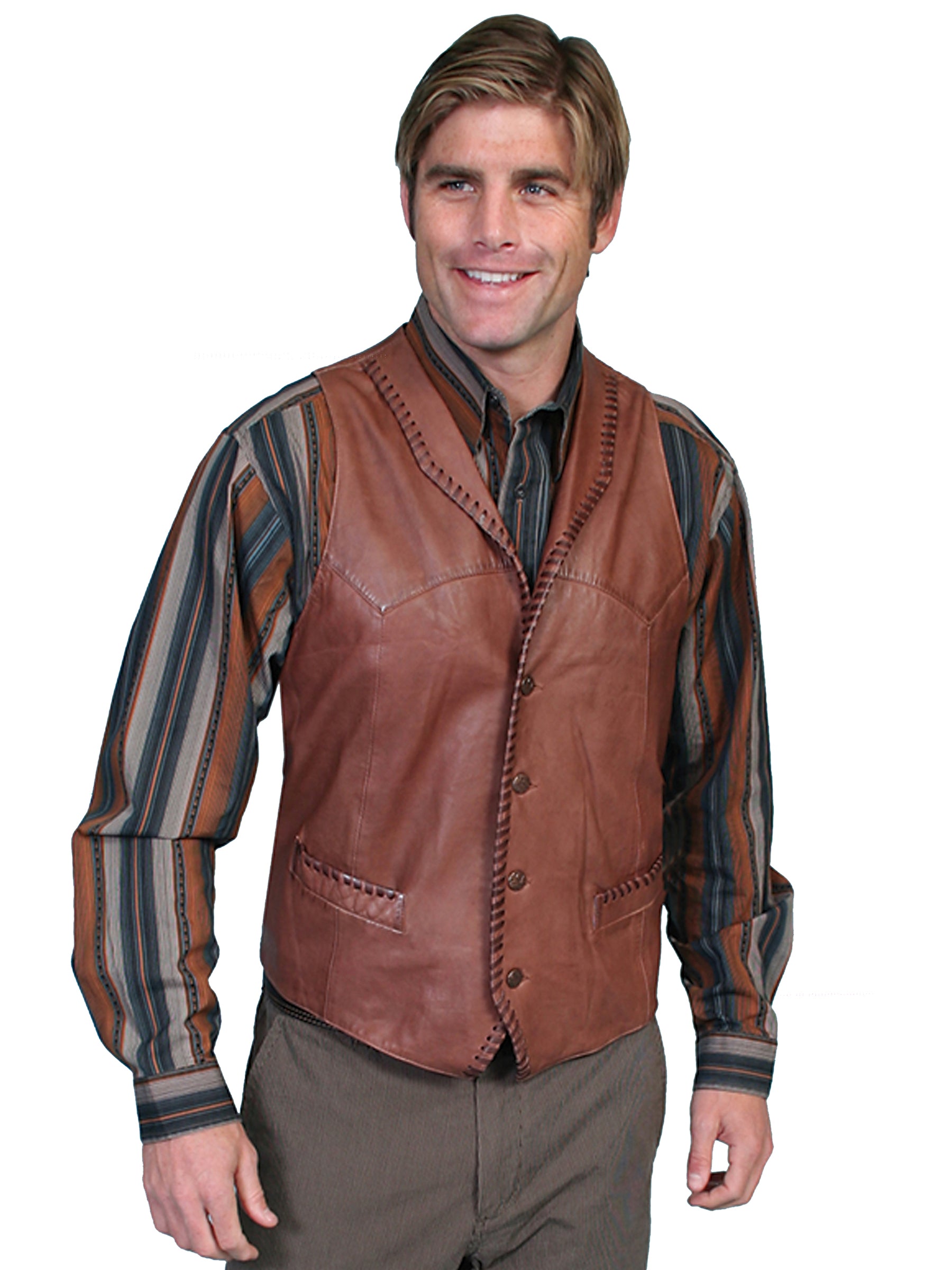 Men's Scully Leather Vest Whip Stitch Lapels Ranch Tan Front