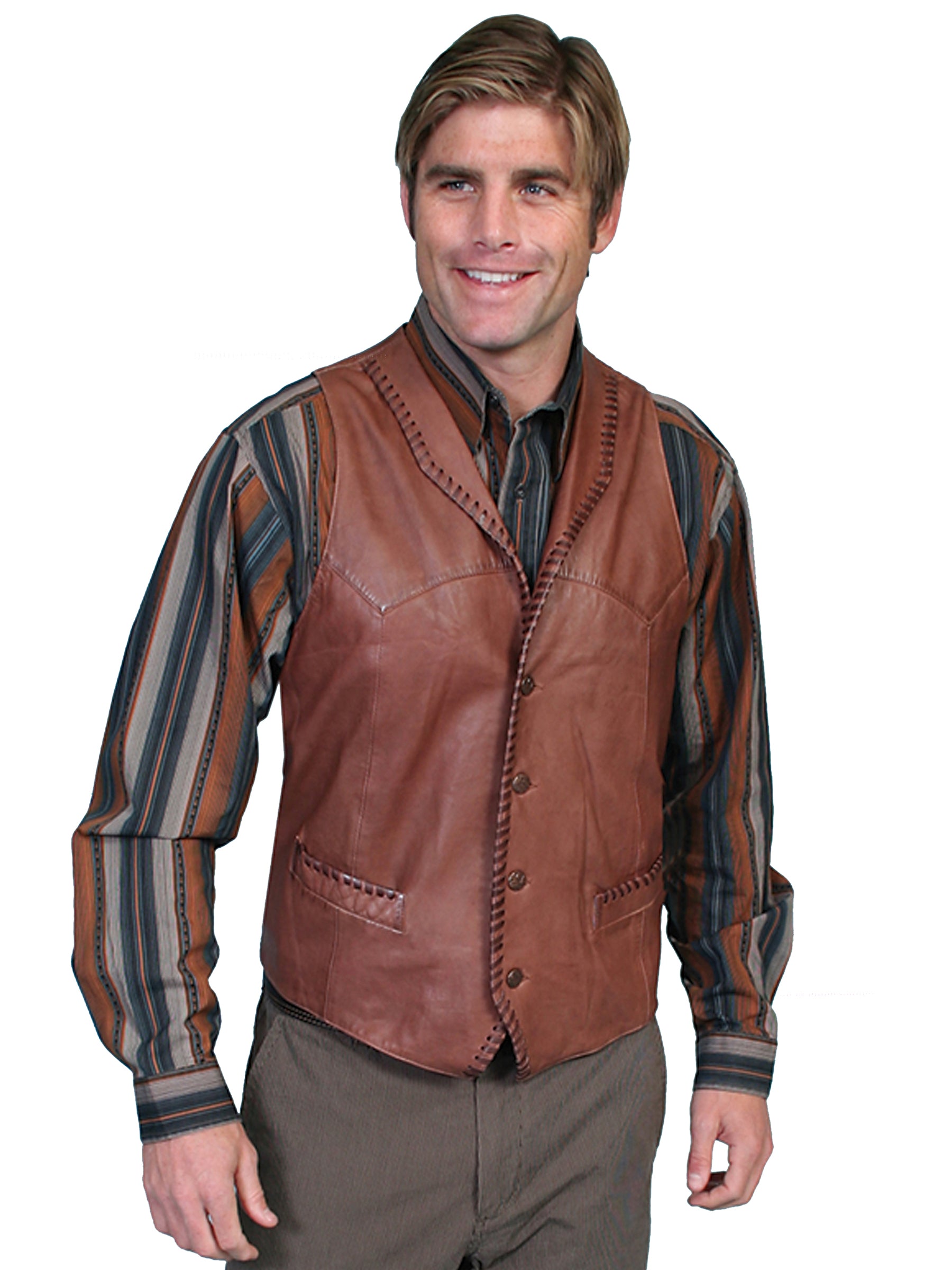 Men's Scully Leather Vest Whip Stitch Lapels Brown Buff Front