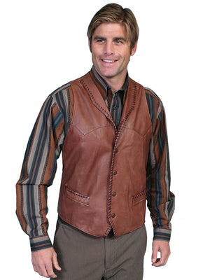 Men's Scully Leather Vest Whip Stitch Lapels Ranch Tan Front View