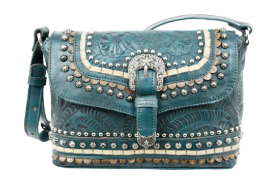 Crossbody Flap Bag with Decorative Buckle and Studs Dark Turquoise Front View