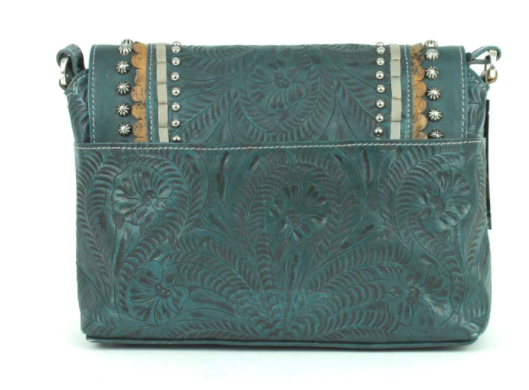 Crossbody Flap Bag with Decorative Buckle and Studs Dark Turquoise Back